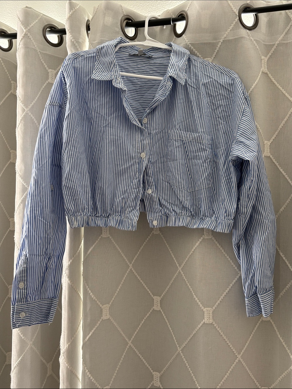 Cropped Blue & White Striped Button-Up Shirt